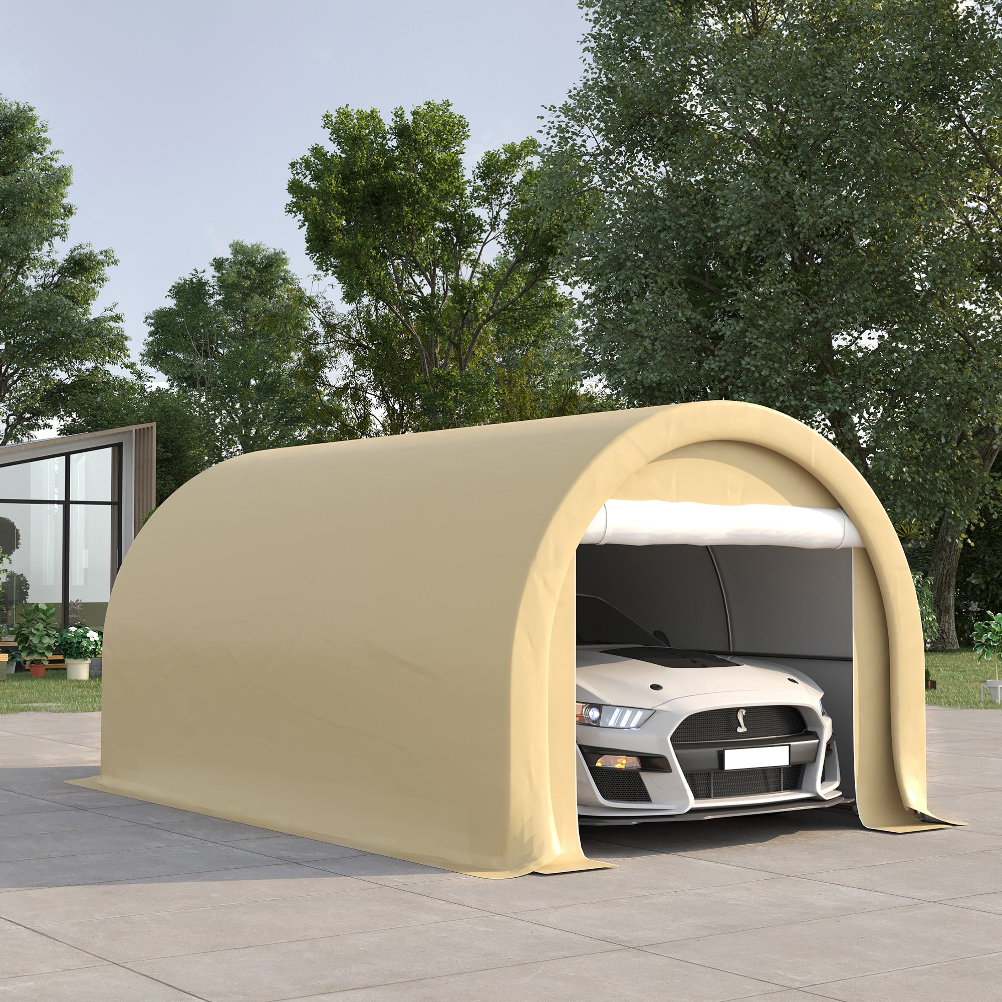 Abri d'Auto 10x16 FT – Garage Portatif Beige Haute Résistance avec Porte à Glissière