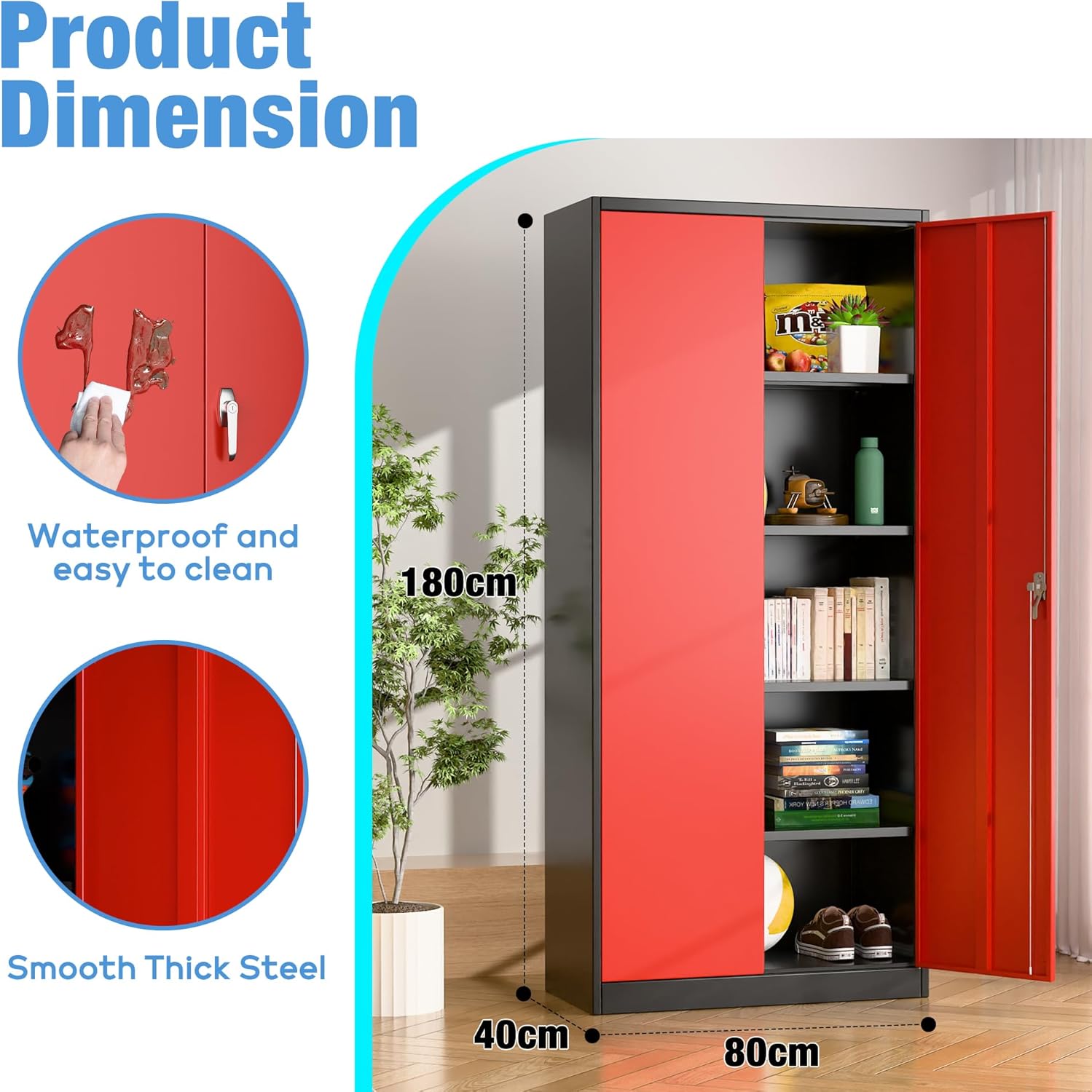 SUPEER Filing Cabinet, Metal Cabinet With 4 Height-Adjustable Shelves, Sheet Steel Powder Coating, Steel Cabinet For Tools, Garage, 180 X 80 X 40 Cm Black Red