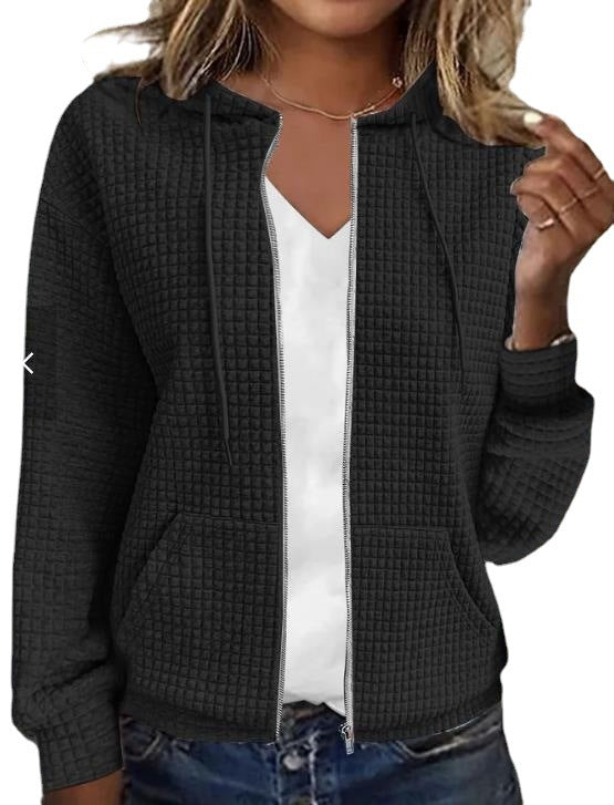 Womens Solid Color Hooded Zip Up Loose Long Sleeve Jacquard Sweatshirt