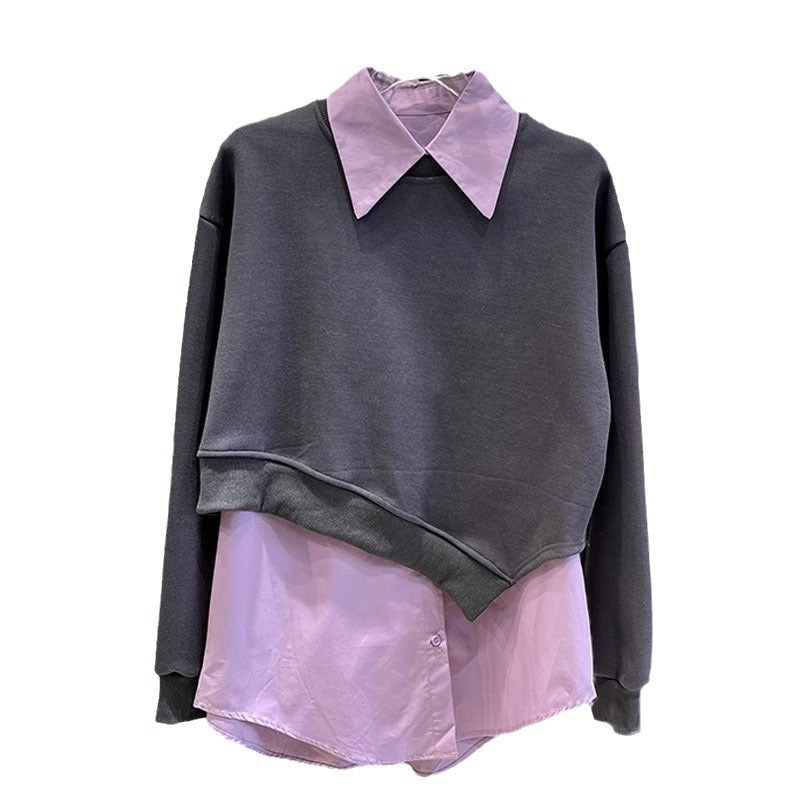 Spring New Solid-Color Lapel Shirt Asymmetrical Cropped Sweatshirt Two-Piece Set