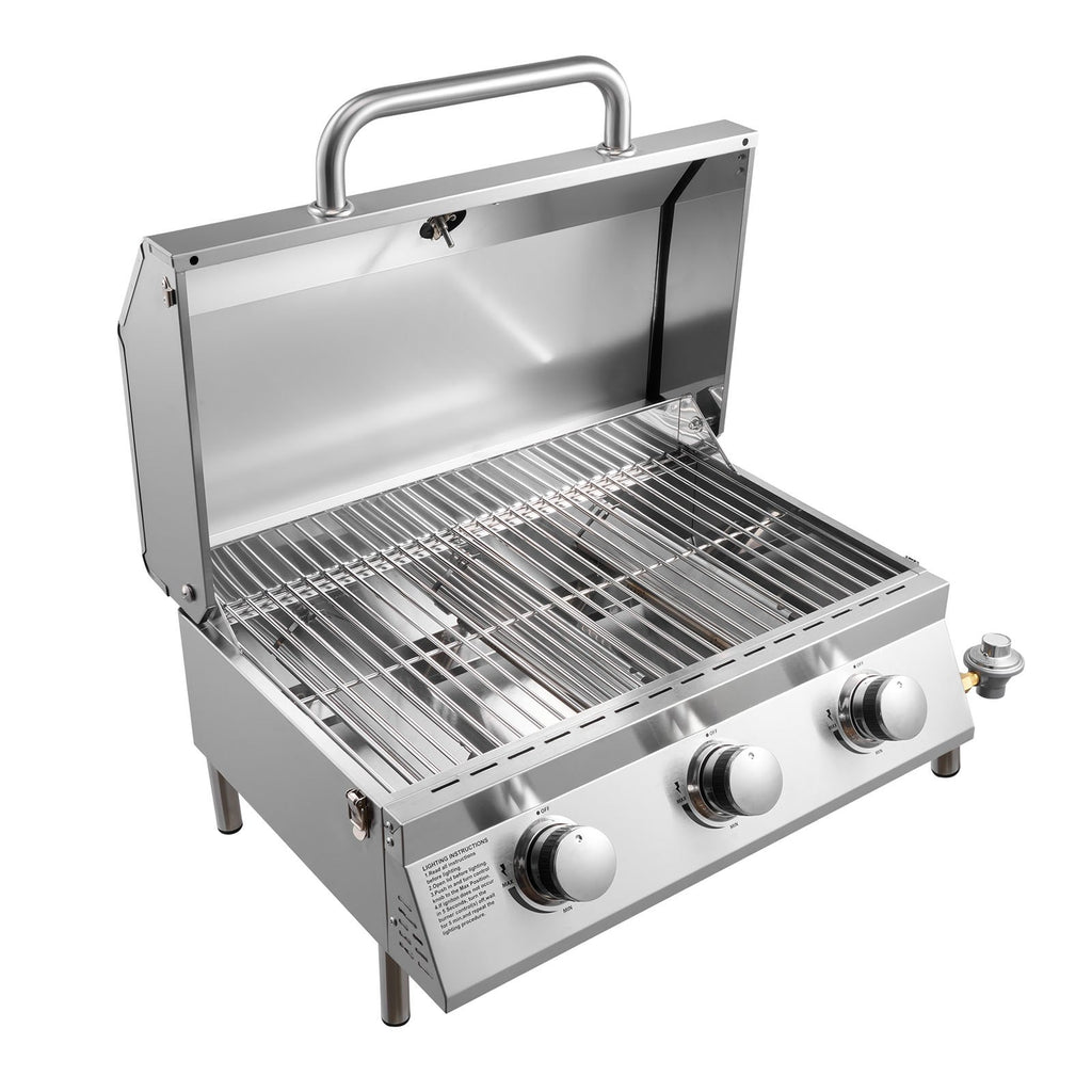 Outdoor Tabletop Gas Grill, 3-Burner Stainless Steel Portable Propane Grill, 22,500 BTU