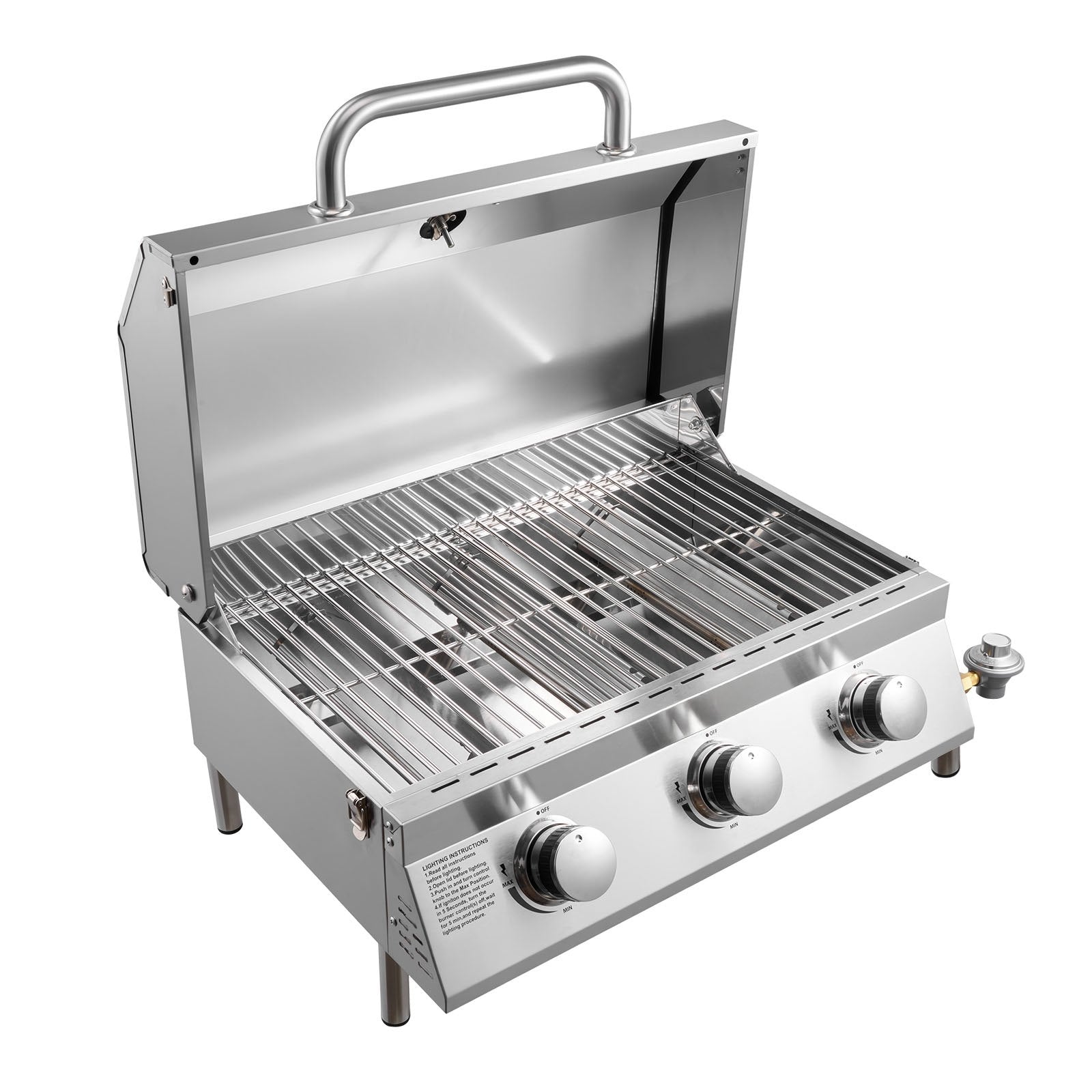 Outdoor Tabletop Gas Grill, 3-Burner Stainless Steel Portable Propane Grill, 22,500 BTU