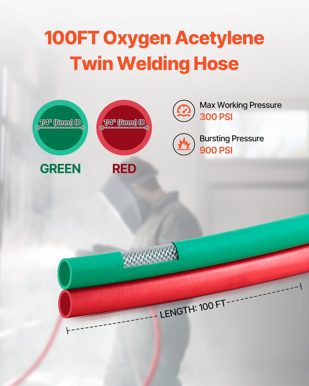 Oxygen Acetylene Hose, 1/4-Inch X 100FT 300PSI T Grade Welding Cutting Torch Twin Hose, Compatible With Oxygen, Acetylene and Propane