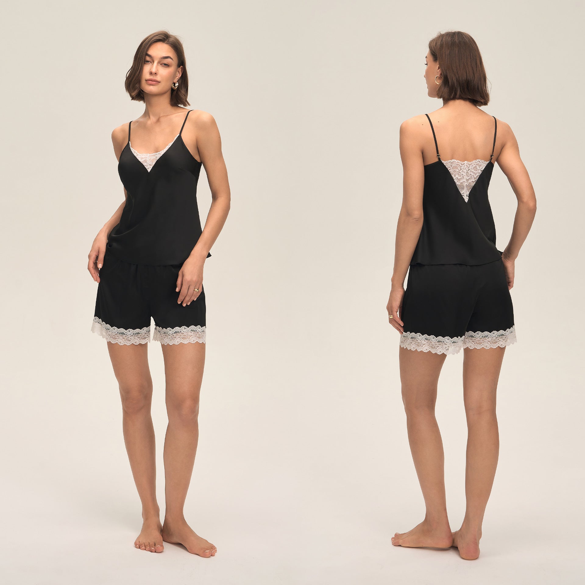 Lace-Panel Solid-Color Sexy Jumpsuit With Suspender Shorts