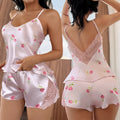Womens Rayon Plant And Flower Rose Suspender Shorts Lace Pajama Set