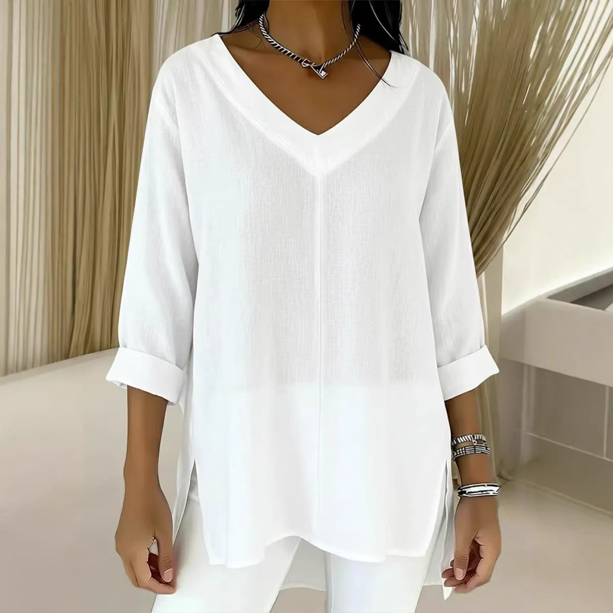 Street-style Solid-color V-neck Loose-fitting Top