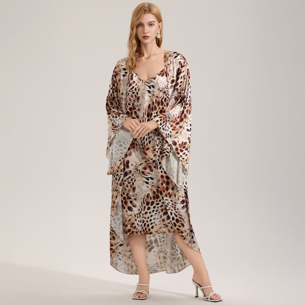 Elegant Printed Satin Chiffon Camisole Robe Spring Summer Two-Piece Set
