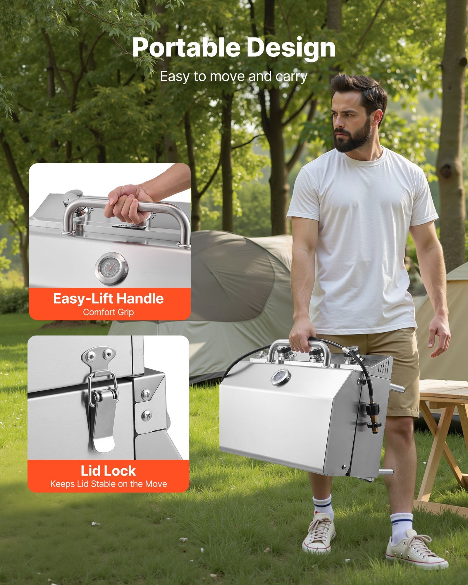 Outdoor Tabletop Gas Grill, 3-Burner Stainless Steel Portable Propane Grill, 22,500 BTU