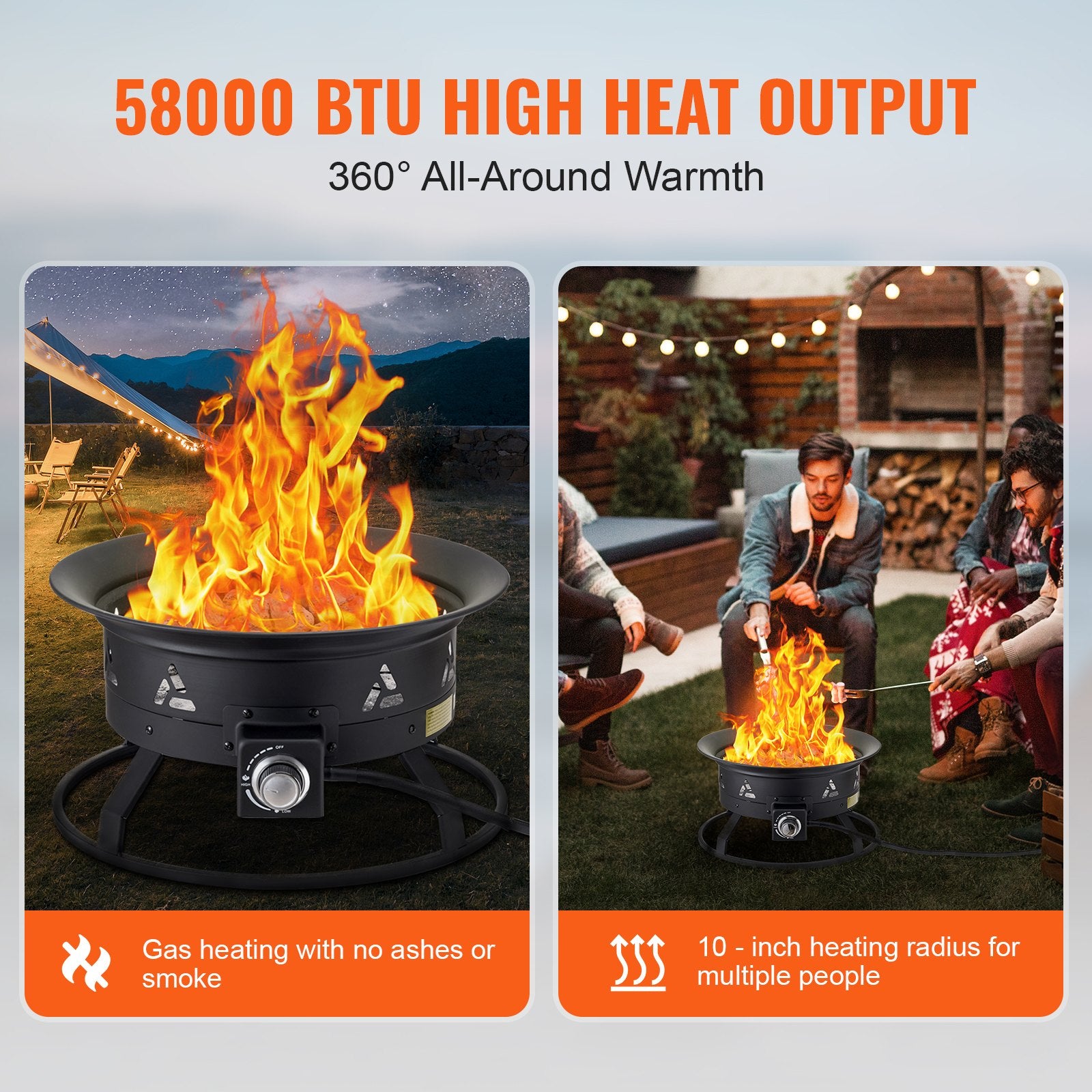 Propane Fire Pit 24” Outdoor Portable Gas Fire Pit For Heating 58000 BTU