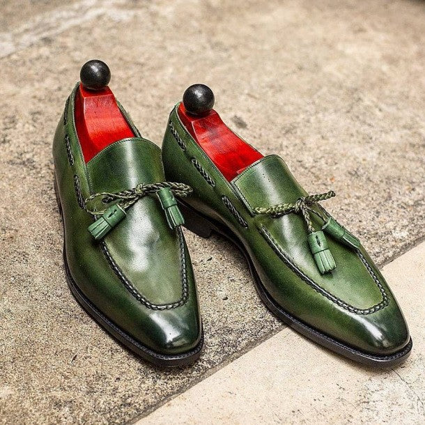 British-style Round-toe Mens PU Green Tassel Shoes