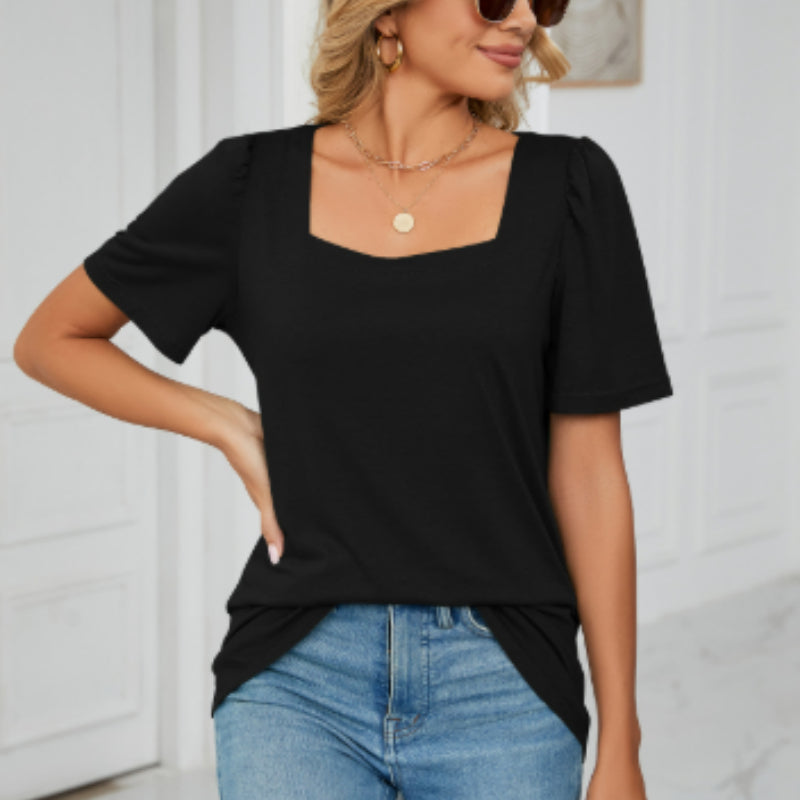 Solid-color Square-neck Short-sleeve Loose-fit T-shirt Knitted Top