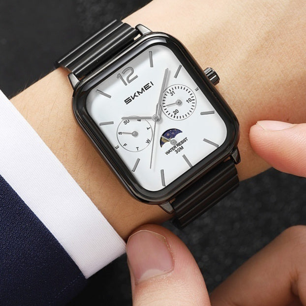 Stylish Multifunctional Square Watch With A Six-hand Moon Phase Display Designed For Business And Featuring Water Resistance